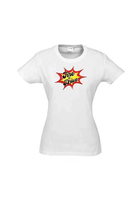 White Unisex Short Sleeve t shirt.  Graphic with the words Fire and Drive in the middle of a colour blast.