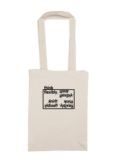 Long Handle Calico Bag, natural colour.  Design in black.  Graphic is the words Think Flexibly written within a box in 4 different directions.  The word Think is located outside the box.