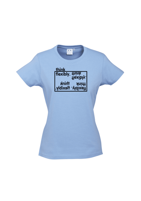 Blue fitted short sleeve t shirt with a design in black.  Graphic is the words Think Flexibly written within a box in 4 different directions.  The word Think is located outside the box.