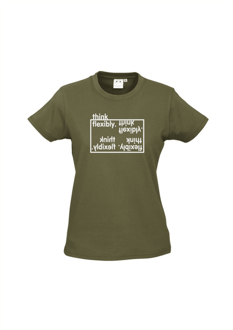 Khaki fitted short sleeve t shirt with a design in white.  Graphic is the words Think Flexibly written within a box in 4 different directions.  The word Think is located outside the box.