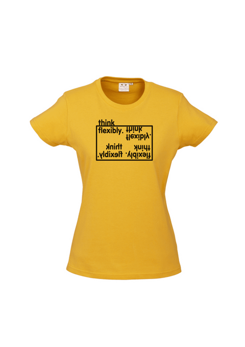 Yellow fitted short sleeve t shirt with a design in black.  Graphic is the words Think Flexibly written within a box in 4 different directions.  The word Think is located outside the box.