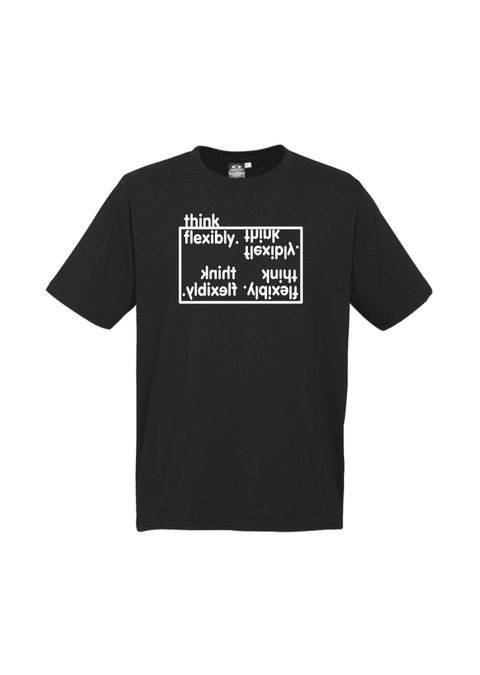 Black Short Sleeve T Shirt.  Design in white.  Graphic is the words Think Flexibly written within a box in 4 different directions.  The word Think is located outside the box.