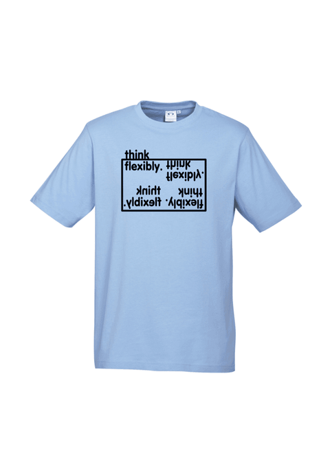 Light Blue Short Sleeve T Shirt.  Design in black.  Graphic is the words Think Flexibly written within a box in 4 different directions.  The word Think is located outside the box.