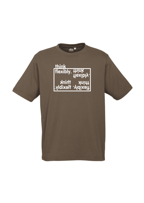 Khaki Short Sleeve T Shirt.  Design in white.  Graphic is the words Think Flexibly written within a box in 4 different directions.  The word Think is located outside the box.