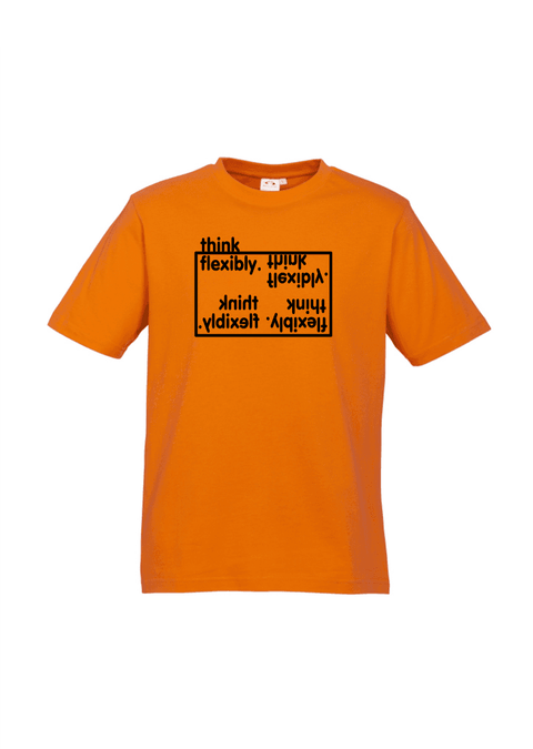 Orange Short Sleeve T Shirt.  Design in black.  Graphic is the words Think Flexibly written within a box in 4 different directions.  The word Think is located outside the box.