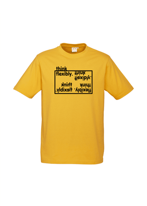 Golden Yellow Short Sleeve T Shirt.  Design in black.  Graphic is the words Think Flexibly written within a box in 4 different directions.  The word Think is located outside the box.