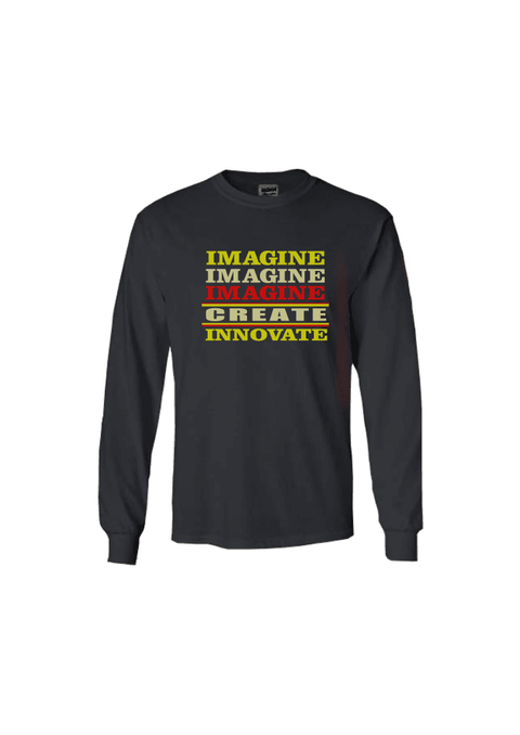 Long Sleeve Black T Shirt.  Graphic is stacked words in shades of yellow and red.  The text reads Imagine, repeated 3 times, create, innovate.