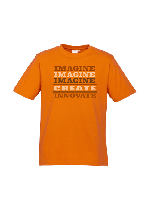 Short Sleeve Orange T Shirt.  Graphic is stacked words in shades of brown and white.  The text reads Imagine, repeated 3 times, create, innovate.