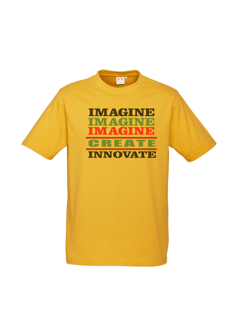 Short Sleeve Golden Yellow T Shirt.  Graphic is stacked words in black, green and red.  The text reads Imagine, repeated 3 times, create, innovate.