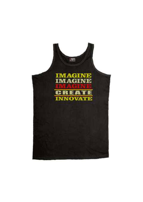 Black Singlet T Shirt.  Graphic is stacked words in shades of yellow and red. The text reads Imagine, repeated 3 times, create, innovate.