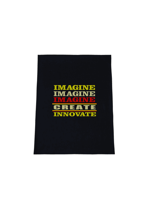 Black Tea Towel.  Graphic is stacked words in shades of yellow and red.  The text reads Imagine, repeated 3 times, create, innovate.