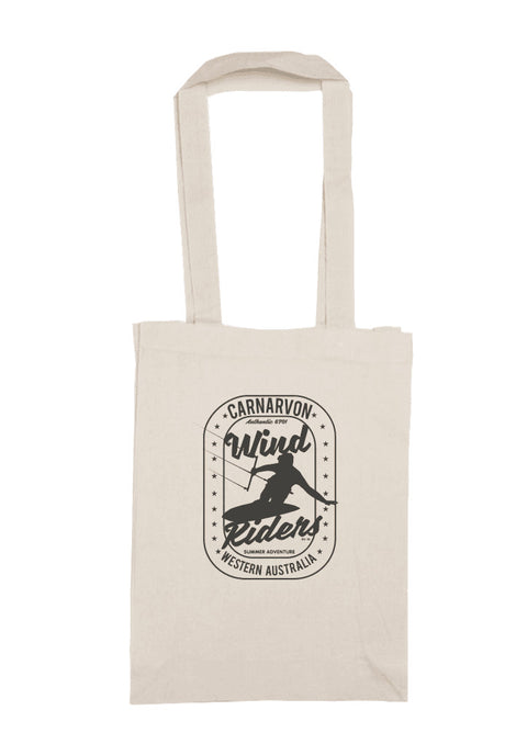 Long Handle Calico Bag, natural colour.  Design is in black.  The graphics are of a silhouette of a kite surfer with the text Wind Riders, Carnarvon Western Australia,