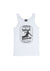 White Singlet T Shirt.  Design is in black.  The graphics are of a silhouette of a kite surfer with the text Wind Riders, Carnarvon Western Australia,