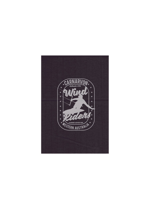 Grey Tea Towel.  Design is in white.  The graphics are of a silhouette of a kite surfer with the text Wind Riders, Carnarvon Western Australia,