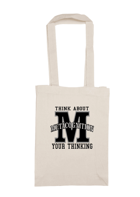Long Handle Calico Bag, natural colour. Graphic large letter M. The text reads Metacognition, think about your thinking.