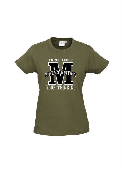khaki fitted Short Sleeve T Shirt. Graphic large letter M. The text reads Metacognition, think about your thinking.