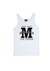 White Singlet T Shirt. Graphic large letter M. The text reads Metacognition, think about your thinking.