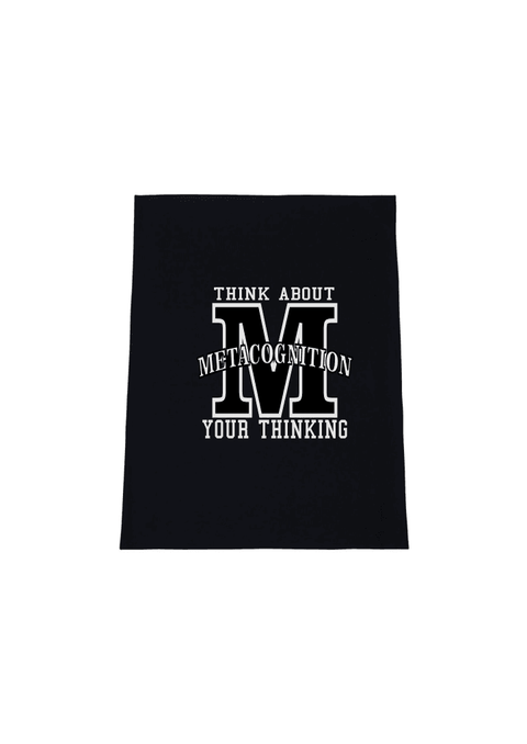 Black Tea Towel. Graphic large letter M. The text reads Metacognition, think about your thinking.