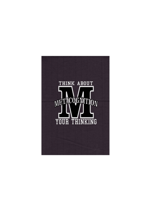 Grey Tea Towel. Graphic large letter M. The text reads Metacognition, think about your thinking.