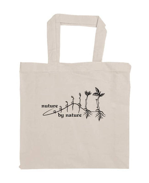 Natural Calico Bag Shopper Style. The design is in white. The graphic is an outline image of a seed growing in stages. The text is nurture by nature.