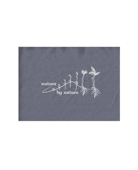 Grey Tea Towel, natural colour. The design is in white. The graphic is an outline image of a seed growing in stages. The text is nurture by nature.