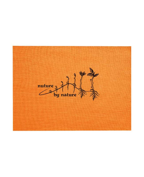 Orange Tea Towel, natural colour. The design is in white. The graphic is an outline image of a seed growing in stages. The text is nurture by nature.