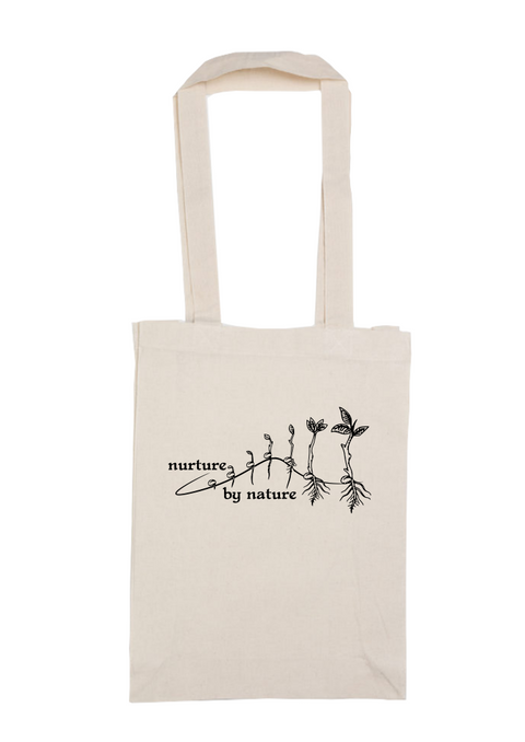 Natural Calico Bag with long handles. The design is in white. The graphic is an outline image of a seed growing in stages. The text is nurture by nature.