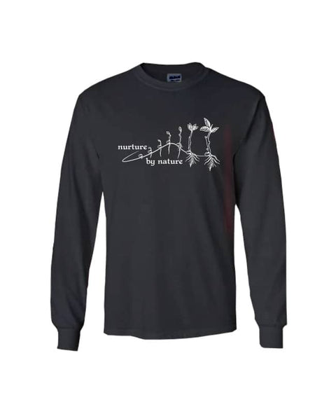 Black long sleeve T Shirt. The design is in white. The graphic is an outline image of a seed growing in stages. The text is nurture by nature.