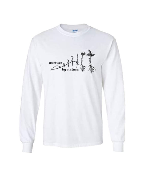 White long sleeve T Shirt. The design is in black. The graphic is an outline image of a seed growing in stages. The text is nurture by nature.