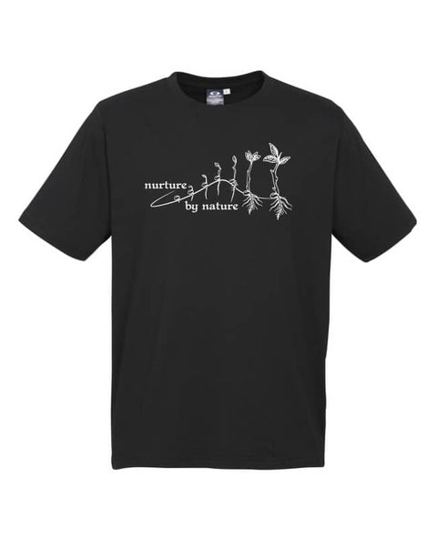 Black short sleeve T Shirt. The design is in white. The graphic is an outline image of a seed growing in stages. The text is nurture by nature.