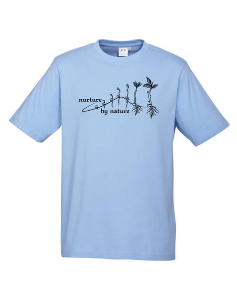 Light Blue short sleeve T Shirt. The design is in black. The graphic is an outline image of a seed growing in stages. The text is nurture by nature.
