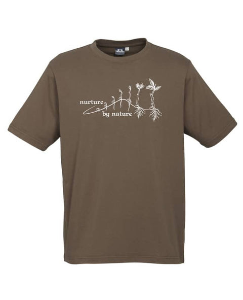 Khaki short sleeve T Shirt. The design is in white. The graphic is an outline image of a seed growing in stages. The text is nurture by nature.