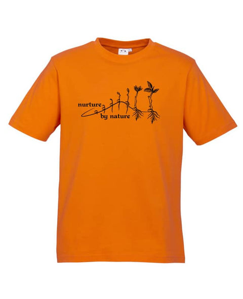 Orange short sleeve T Shirt. The design is in black. The graphic is an outline image of a seed growing in stages. The text is nurture by nature.