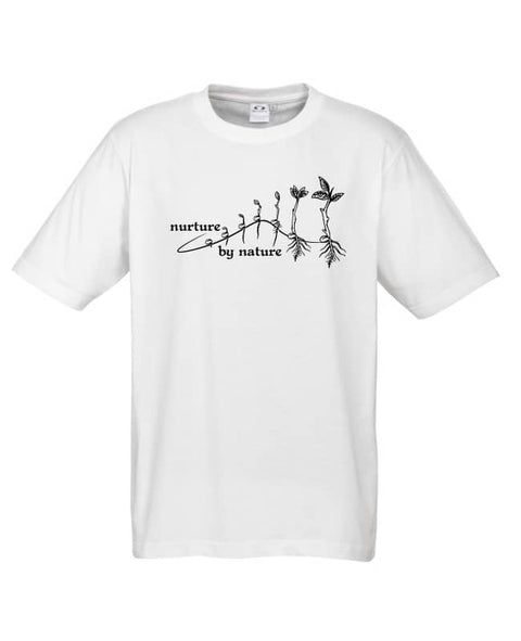 White short sleeve T Shirt. The design is in black. The graphic is an outline image of a seed growing in stages. The text is nurture by nature.