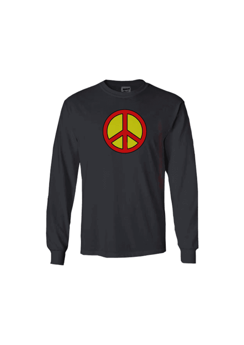 Black Long Sleeve T Shirt.  Graphic of a peace symbol in red with yellow background and black outline