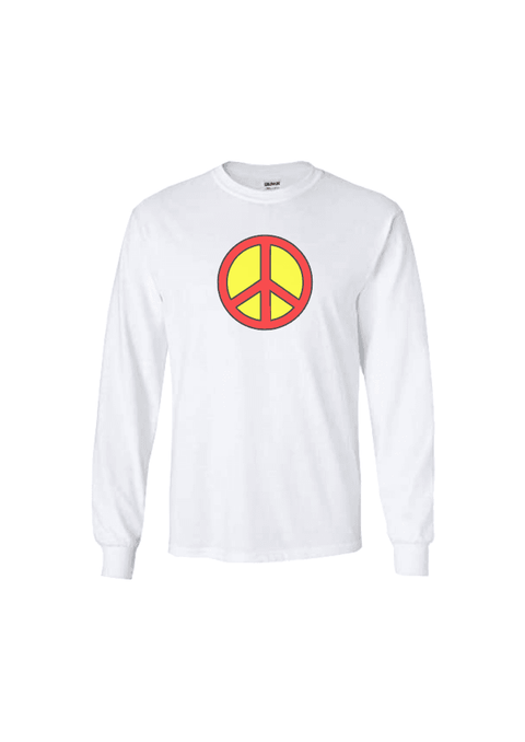 White Long Sleeve T Shirt.  Graphic of a peace symbol in red with yellow background and black outline