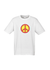 White Short Sleeve T Shirt.  Graphic of a peace symbol in red with yellow background and black outline