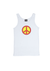White Singlet T Shirt.  Graphic of a peace symbol in red with yellow background and black outline