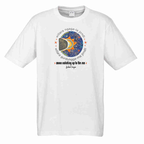 Flatlay white short sleeve t shirts with a designSun Catching up with the Moon - Ningaloo Solar Eclipse inspired Yinggarda and Payungu Language t shirt