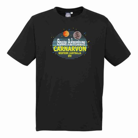 Flatlay black short sleeve t shirts - Sun and Moon Carnarvon Space Adventure Retro design. Inspired by the space history including the 2023 Ningaloo Solar Eclipse and NASA relationship now showcased at the  Carnarvon Space and Technology Museum.