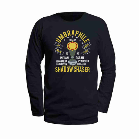 Flatlay black long sleeve t shirts - the design is a Limited Edition Umbraphile Shadow Chasers  concept with the words- Sun Moon Earth Indian Ocean Solar Eclipse Totality Adventure