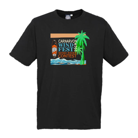 A flatlay image of t shirt to celebrate the Carnarvon Windfest.  The wind on water sporting event that brings the community together for hosting a competitive windsurfing, wing foil, kiteboarding, SUP and Windrush catamaran. racing event.
