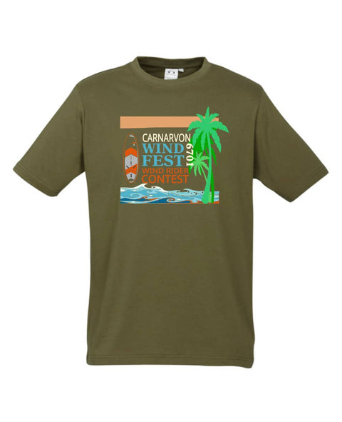 A flatlay  t shirt to celebrate the Carnarvon Windfest.  The wind on water sporting event that brings the community together for hosting a competitive windsurfing, wing foil, kiteboarding, SUP and Windrush catamaran. racing event.