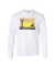 White Long Sleeve T Shirt with Graphic of a yellow sunset with birds, a tree and a dog in silhouette. Test reads Sunshine of My Life, Best Mate