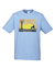 Light Blue Short Sleeve T Shirt. Graphic of a yellow sunset with birds, a tree and a dog in silhouette. Test reads Sunshine of My Life, Best Mate