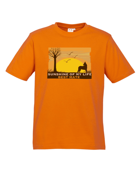 Orange Short Sleeve T Shirt. Graphic of a yellow sunset with birds, a tree and a dog in silhouette. Test reads Sunshine of My Life, Best Mate