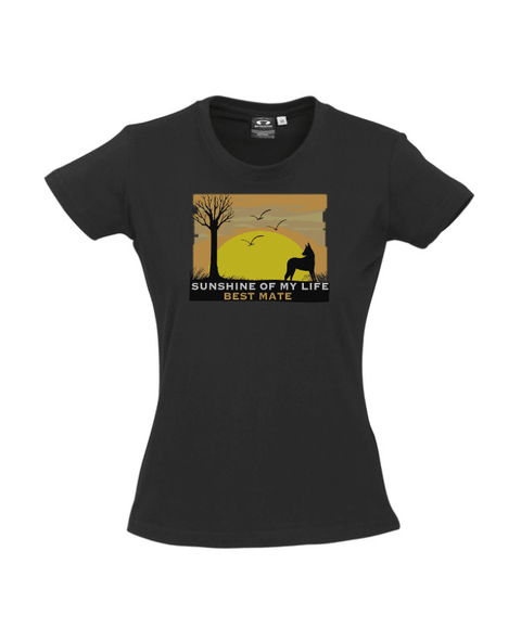 Black fitted Women's T Shirt.  Graphic of a yellow sunset with birds, a tree and a dog in silhouette. Text reads Sunshine of My Life, Best Mate
