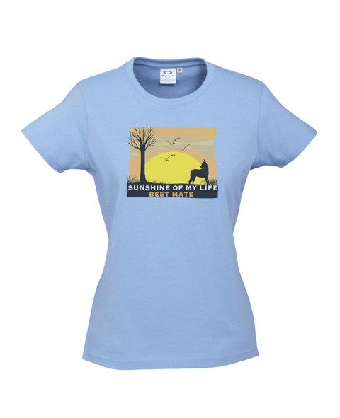 Light Blue  fitted Women's T Shirt.  Graphic of a yellow sunset with birds, a tree and a dog in silhouette. Text reads Sunshine of My Life, Best Mate