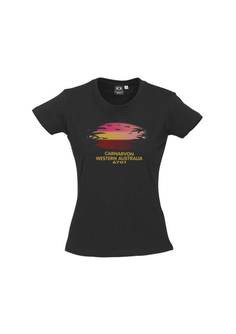Black fitted short sleeve t shirt.  Text in gold Carnarvon, Westerm Australia.  Graphic of palm trees and birds in silhouette against a sunset.