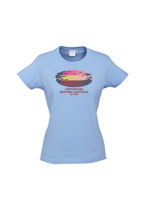 Light Blue fitted short sleeve t shirt.  Text in red Carnarvon, Westerm Australia.  Graphic of palm trees and birds in silhouette against a sunset.